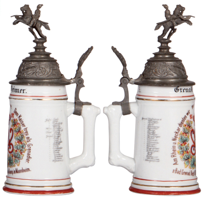 Two Regimental steins, .5L, 9.3'' ht., porcelain, 1. Komp., Inft. Regt. Nr. 110, Mannheim, 1896 - 1898, no side scenes, roster, S11 thumblift, named to: Grenadier Hodske, long line in rear; with .5L, 10.4'' ht., porcelain, 14. Komp., Inft. Regt. Nr. 110, - 3