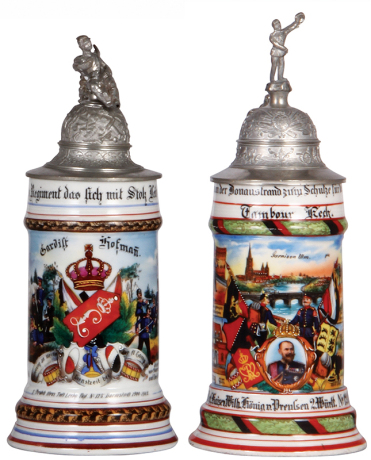 Two Regimental steins, .5L, 10.8" ht., porcelain, 10. Comp., Inft. Rgt. No. 115., Darmstadt, 1900 - 1902, two side scenes, roster, lion thumblift, named to: Gardist Hofmann, lines in lithophane, finial bent and loose; with, .5L, 11.0" ht., porcelain, 6. C