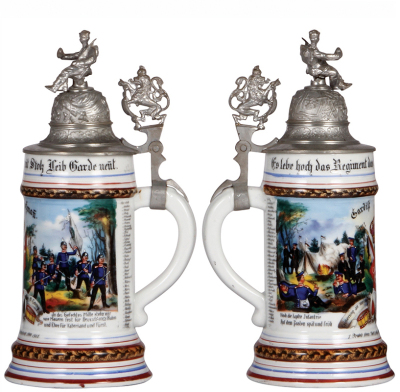 Two Regimental steins, .5L, 10.8" ht., porcelain, 10. Comp., Inft. Rgt. No. 115., Darmstadt, 1900 - 1902, two side scenes, roster, lion thumblift, named to: Gardist Hofmann, lines in lithophane, finial bent and loose; with, .5L, 11.0" ht., porcelain, 6. C - 2