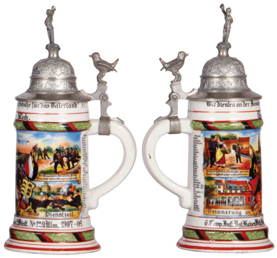 Two Regimental steins, .5L, 10.8" ht., porcelain, 10. Comp., Inft. Rgt. No. 115., Darmstadt, 1900 - 1902, two side scenes, roster, lion thumblift, named to: Gardist Hofmann, lines in lithophane, finial bent and loose; with, .5L, 11.0" ht., porcelain, 6. C - 3