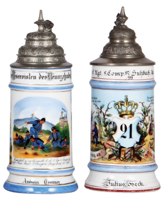 Two Regimental steins, .5L, 9.4'' ht., porcelain, 8. Comp., bayr Inft. Regt. Nr. 3, Augsburg, 1898 - 1900, four side scenes, lion thumblift, named to: Andreas Trauner, mint; with .5L, 9.5'' ht., porcelain, 8. Komp., Inft. Nr. 21, Sulzbach, 1897 - 1899, 