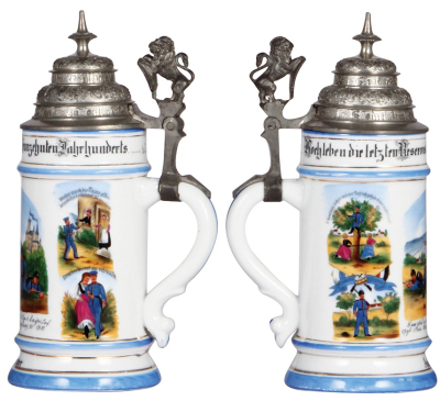 Two Regimental steins, .5L, 9.4'' ht., porcelain, 8. Comp., bayr Inft. Regt. Nr. 3, Augsburg, 1898 - 1900, four side scenes, lion thumblift, named to: Andreas Trauner, mint; with .5L, 9.5'' ht., porcelain, 8. Komp., Inft. Nr. 21, Sulzbach, 1897 - 1899, - 2