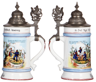 Two Regimental steins, .5L, 9.4'' ht., porcelain, 8. Comp., bayr Inft. Regt. Nr. 3, Augsburg, 1898 - 1900, four side scenes, lion thumblift, named to: Andreas Trauner, mint; with .5L, 9.5'' ht., porcelain, 8. Komp., Inft. Nr. 21, Sulzbach, 1897 - 1899, - 3