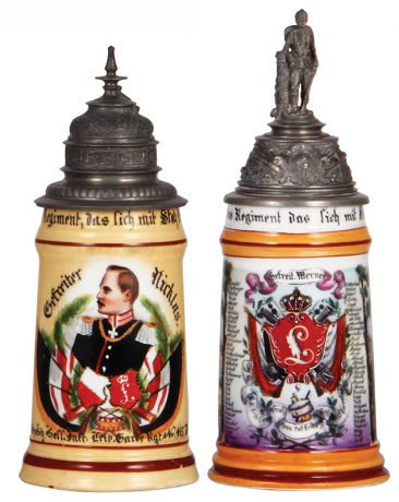 Two Regimental steins, .5L, 9.7'' ht., porcelain, 9. Comp., Inft. Regt. Nr. 115, Darmstadt, 1892 - 1894, one side scene, roster, cupid thumblift, named to: Gefreiter Nicklus, flake on handle; with .5L, 10.3'' ht., porcelain, 7. Comp., Inft. Regt. Nr. 115,