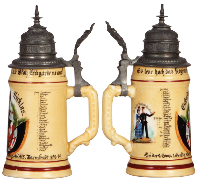 Two Regimental steins, .5L, 9.7'' ht., porcelain, 9. Comp., Inft. Regt. Nr. 115, Darmstadt, 1892 - 1894, one side scene, roster, cupid thumblift, named to: Gefreiter Nicklus, flake on handle; with .5L, 10.3'' ht., porcelain, 7. Comp., Inft. Regt. Nr. 115, - 2