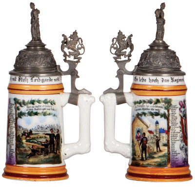 Two Regimental steins, .5L, 9.7'' ht., porcelain, 9. Comp., Inft. Regt. Nr. 115, Darmstadt, 1892 - 1894, one side scene, roster, cupid thumblift, named to: Gefreiter Nicklus, flake on handle; with .5L, 10.3'' ht., porcelain, 7. Comp., Inft. Regt. Nr. 115, - 3