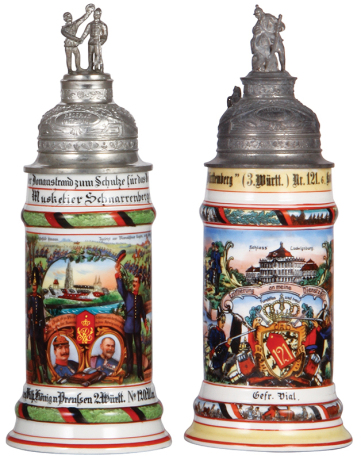 Two Regimental steins, .5L, 11.3" ht., porcelain, 1. Comp., Inft. Regt. Nr. 120, Ulm, 1910 - 1912, four side scenes, roster, sparrow thumblift, named to: Musketier Schnarrenberger, roster worn; with .5L, 11.3" ht., porcelain, 6. Komp.,  Inft. Regt.  Nr. 1