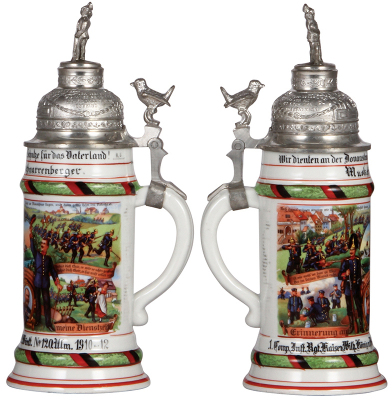 Two Regimental steins, .5L, 11.3" ht., porcelain, 1. Comp., Inft. Regt. Nr. 120, Ulm, 1910 - 1912, four side scenes, roster, sparrow thumblift, named to: Musketier Schnarrenberger, roster worn; with .5L, 11.3" ht., porcelain, 6. Komp.,  Inft. Regt.  Nr. 1 - 2