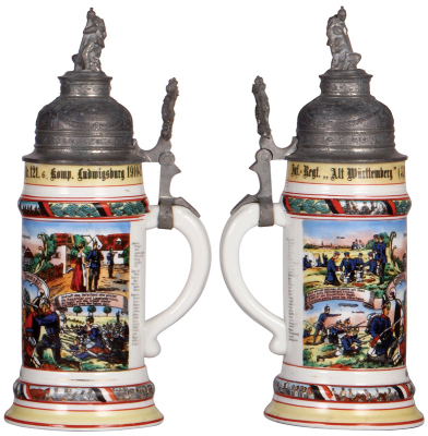 Two Regimental steins, .5L, 11.3" ht., porcelain, 1. Comp., Inft. Regt. Nr. 120, Ulm, 1910 - 1912, four side scenes, roster, sparrow thumblift, named to: Musketier Schnarrenberger, roster worn; with .5L, 11.3" ht., porcelain, 6. Komp.,  Inft. Regt.  Nr. 1 - 3