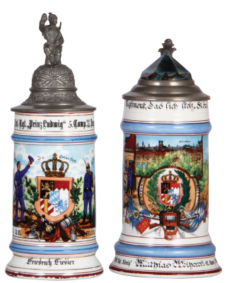 Two Regimental steins, .5L, 10.2'' ht., porcelain, 5. Comp., bayr Inft. Regt. Nr. 10, Ingolstadt, 1901 - 1903, two side scenes, lion thumblift, named to: Friedrich Fiedler, lower red band is worn; with .5L, 8.5'' ht., porcelain, 11. Komp., bayr. Inft. R