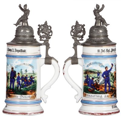 Two Regimental steins, .5L, 10.2'' ht., porcelain, 5. Comp., bayr Inft. Regt. Nr. 10, Ingolstadt, 1901 - 1903, two side scenes, lion thumblift, named to: Friedrich Fiedler, lower red band is worn; with .5L, 8.5'' ht., porcelain, 11. Komp., bayr. Inft. R - 2