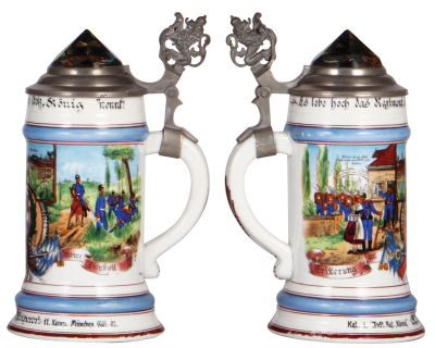 Two Regimental steins, .5L, 10.2'' ht., porcelain, 5. Comp., bayr Inft. Regt. Nr. 10, Ingolstadt, 1901 - 1903, two side scenes, lion thumblift, named to: Friedrich Fiedler, lower red band is worn; with .5L, 8.5'' ht., porcelain, 11. Komp., bayr. Inft. R - 3