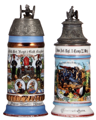 Two Regimental steins, .5L, 10.0'' ht., porcelain, 1. Battr., bayr 4. Feld Artl. Regt. Augsburg, not dated, four side scenes, St. Barbara thumblift, named to: Fahrer Martin Mooser, missing screw-off lid, finial added, lower red band has wear; with .5L, 9.