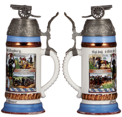 Two Regimental steins, .5L, 10.0'' ht., porcelain, 1. Battr., bayr 4. Feld Artl. Regt. Augsburg, not dated, four side scenes, St. Barbara thumblift, named to: Fahrer Martin Mooser, missing screw-off lid, finial added, lower red band has wear; with .5L, 9. - 2