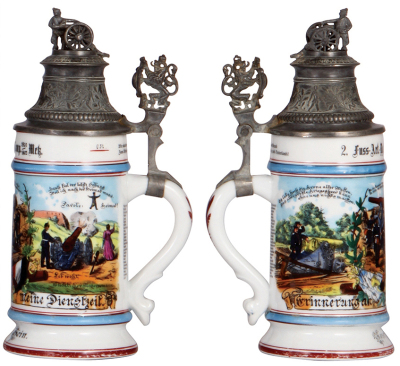 Two Regimental steins, .5L, 10.0'' ht., porcelain, 1. Battr., bayr 4. Feld Artl. Regt. Augsburg, not dated, four side scenes, St. Barbara thumblift, named to: Fahrer Martin Mooser, missing screw-off lid, finial added, lower red band has wear; with .5L, 9. - 3