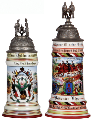 Two Regimental steins, .5L, 10.4'' ht., porcelain, 2. Battr., Feld Artl. Regt. Nr. 26, Verdun, not dated, two side scenes, roster, eagle thumblift, named to: Einj. Frw. Blumenhagen, small factory chip on rear of base, minimal roster wear; with .5L, 12.0''
