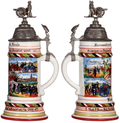 Two Regimental steins, .5L, 10.4'' ht., porcelain, 2. Battr., Feld Artl. Regt. Nr. 26, Verdun, not dated, two side scenes, roster, eagle thumblift, named to: Einj. Frw. Blumenhagen, small factory chip on rear of base, minimal roster wear; with .5L, 12.0'' - 3