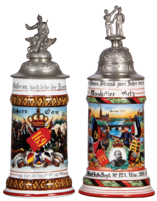 Two Regimental steins, .5L, 10.5'' ht., porcelain, 8. Comp., Inft. Regt. Nr. 169, Lahr, 1898 - 1900, two side scenes, roster, griffin thumblift, named to: Reserv. Ganz I, wear to name; with .5L, 10.9'' ht., porcelain, 7. Comp., Inft. Regt. Nr. 127, Ulm, 1