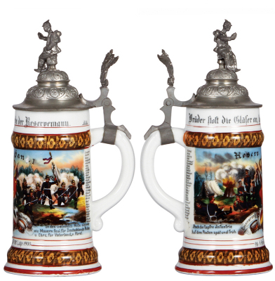 Two Regimental steins, .5L, 10.5'' ht., porcelain, 8. Comp., Inft. Regt. Nr. 169, Lahr, 1898 - 1900, two side scenes, roster, griffin thumblift, named to: Reserv. Ganz I, wear to name; with .5L, 10.9'' ht., porcelain, 7. Comp., Inft. Regt. Nr. 127, Ulm, 1 - 2