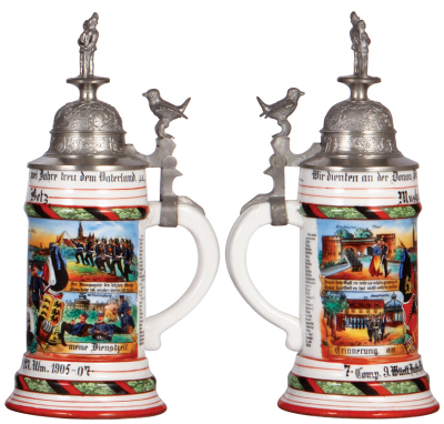 Two Regimental steins, .5L, 10.5'' ht., porcelain, 8. Comp., Inft. Regt. Nr. 169, Lahr, 1898 - 1900, two side scenes, roster, griffin thumblift, named to: Reserv. Ganz I, wear to name; with .5L, 10.9'' ht., porcelain, 7. Comp., Inft. Regt. Nr. 127, Ulm, 1 - 3