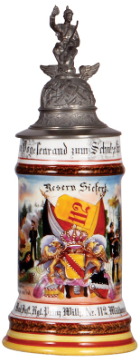 Regimental stein, .5L, 11.0'' ht., porcelain, 11. Comp., Inft. Regt. Nr. 112, Mülhausen, 1901 - 1903, two side scenes, roster, griffin thumblift, named to: Reserv. Siefert, mint.