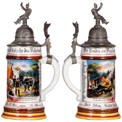 Regimental stein, .5L, 11.0'' ht., porcelain, 11. Comp., Inft. Regt. Nr. 112, Mülhausen, 1901 - 1903, two side scenes, roster, griffin thumblift, named to: Reserv. Siefert, mint. - 2