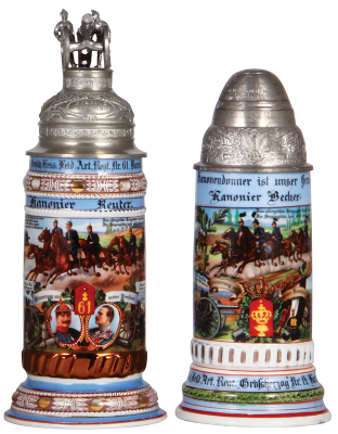 Two Regimental steins, .5L, 11.2'' ht., porcelain, 3. Battr. Feld Artl. Regt. Nr. 61, Darmstadt, 1910 - 1912, four side scenes, roster, lion thumblift, named to: Kanonier Reuter, old replaced Fuss Artl. lid, body mint; with .5L, 9.5'' ht., porcelain, 5. 