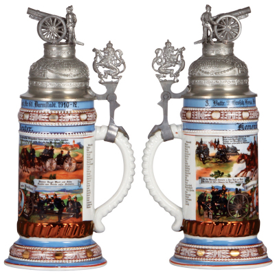 Two Regimental steins, .5L, 11.2'' ht., porcelain, 3. Battr. Feld Artl. Regt. Nr. 61, Darmstadt, 1910 - 1912, four side scenes, roster, lion thumblift, named to: Kanonier Reuter, old replaced Fuss Artl. lid, body mint; with .5L, 9.5'' ht., porcelain, 5. - 2