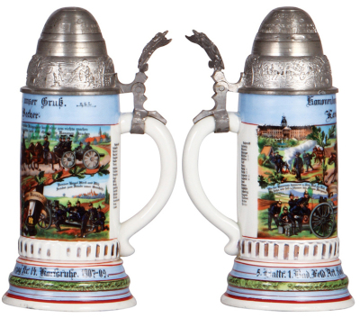 Two Regimental steins, .5L, 11.2'' ht., porcelain, 3. Battr. Feld Artl. Regt. Nr. 61, Darmstadt, 1910 - 1912, four side scenes, roster, lion thumblift, named to: Kanonier Reuter, old replaced Fuss Artl. lid, body mint; with .5L, 9.5'' ht., porcelain, 5. - 3