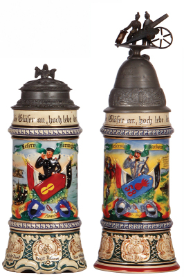 Two Regimental steins, .5L, 10.4'' ht., pottery, 2. Comp., Pionier Battl. Nr. 8, Coblenz, 1904 - 1905, two side scenes, roster, Munich Child thumblift, named to: Resrv. Dormeÿer, paint flakes, incorrect replaced lid; with .5L, 12.8'' ht., pottery, 1. Batt