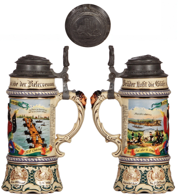 Two Regimental steins, .5L, 10.4'' ht., pottery, 2. Comp., Pionier Battl. Nr. 8, Coblenz, 1904 - 1905, two side scenes, roster, Munich Child thumblift, named to: Resrv. Dormeÿer, paint flakes, incorrect replaced lid; with .5L, 12.8'' ht., pottery, 1. Batt - 2