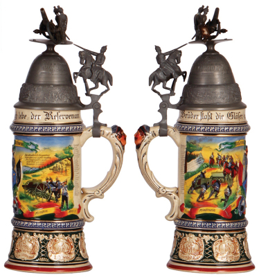 Two Regimental steins, .5L, 10.4'' ht., pottery, 2. Comp., Pionier Battl. Nr. 8, Coblenz, 1904 - 1905, two side scenes, roster, Munich Child thumblift, named to: Resrv. Dormeÿer, paint flakes, incorrect replaced lid; with .5L, 12.8'' ht., pottery, 1. Batt - 3