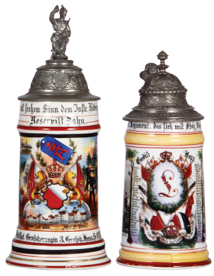 Two Regimental steins, .5L, 10.7'' ht., porcelain, 8. Comp., Inft. Leib Regt. Nr. 117, Mainz, 1902 - 1904, two side scenes, roster, lion thumblift, named to: Reservist Zahn, pewter tear, rim of lid bent; with .5L, 8.7'' ht., porcelain, 7. Comp., Infantry