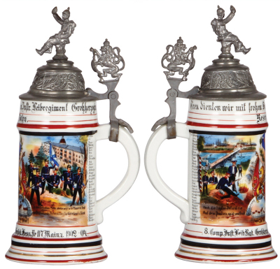 Two Regimental steins, .5L, 10.7'' ht., porcelain, 8. Comp., Inft. Leib Regt. Nr. 117, Mainz, 1902 - 1904, two side scenes, roster, lion thumblift, named to: Reservist Zahn, pewter tear, rim of lid bent; with .5L, 8.7'' ht., porcelain, 7. Comp., Infantry - 2
