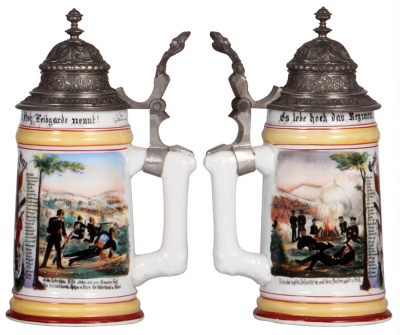 Two Regimental steins, .5L, 10.7'' ht., porcelain, 8. Comp., Inft. Leib Regt. Nr. 117, Mainz, 1902 - 1904, two side scenes, roster, lion thumblift, named to: Reservist Zahn, pewter tear, rim of lid bent; with .5L, 8.7'' ht., porcelain, 7. Comp., Infantry - 3