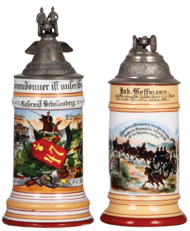 Two Regimental steins, .5L, 10.2'' ht., porcelain, 4. fahr. Battr., Feld Artl. Regt. Nr. 47, Fulda, 1900 - 1902, two side scenes, roster, eagle thumblift, named to: Reservist Schellenberg, heavy lithophane lines, bent pewter shank; with .5L, 8.8'' ht., p