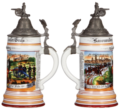 Two Regimental steins, .5L, 10.2'' ht., porcelain, 4. fahr. Battr., Feld Artl. Regt. Nr. 47, Fulda, 1900 - 1902, two side scenes, roster, eagle thumblift, named to: Reservist Schellenberg, heavy lithophane lines, bent pewter shank; with .5L, 8.8'' ht., p - 2