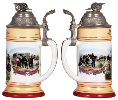 Two Regimental steins, .5L, 10.2'' ht., porcelain, 4. fahr. Battr., Feld Artl. Regt. Nr. 47, Fulda, 1900 - 1902, two side scenes, roster, eagle thumblift, named to: Reservist Schellenberg, heavy lithophane lines, bent pewter shank; with .5L, 8.8'' ht., p - 3