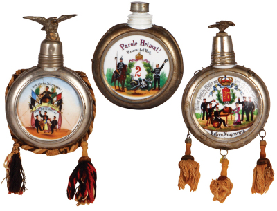 Three Regimental flasks, .25L, porcelain, Husaren Nr. 2, not issued, no cord, no cap, porcelain good condition; with, Regimental flask, .25L, porcelain, not issued, cracks; with, .25L porcelain, 10. Comp., Inft. Regt. Nr. 97, Saarburg, 1906 - 1908, Saarbu