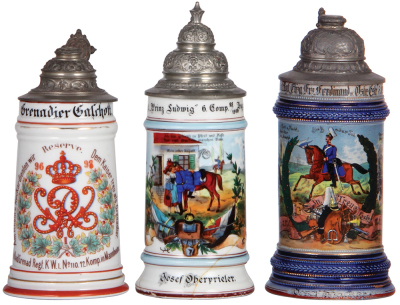 Three Regimental steins, .5L, 8.5'' to 9.2" ht., porcelain & stoneware, 12. K., I.R. Nr. 110, Mannheim, 1896 - 98, no side scenes, roster, SII thumblift, named to: Gren. Gaschott, no finial; with 6. C., B.I.R. Nr. 10, Ingolstadt, 1898 - 00, 2 side scenes,