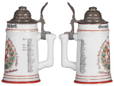 Three Regimental steins, .5L, 8.5'' to 9.2" ht., porcelain & stoneware, 12. K., I.R. Nr. 110, Mannheim, 1896 - 98, no side scenes, roster, SII thumblift, named to: Gren. Gaschott, no finial; with 6. C., B.I.R. Nr. 10, Ingolstadt, 1898 - 00, 2 side scenes, - 2