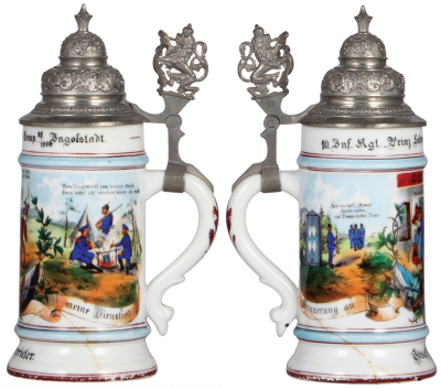 Three Regimental steins, .5L, 8.5'' to 9.2" ht., porcelain & stoneware, 12. K., I.R. Nr. 110, Mannheim, 1896 - 98, no side scenes, roster, SII thumblift, named to: Gren. Gaschott, no finial; with 6. C., B.I.R. Nr. 10, Ingolstadt, 1898 - 00, 2 side scenes, - 3