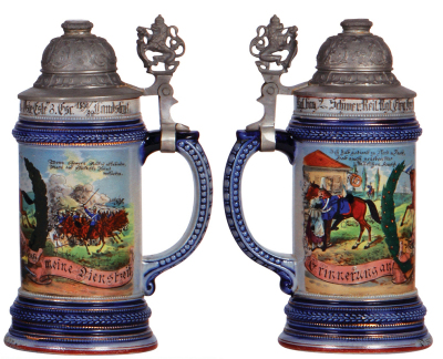 Three Regimental steins, .5L, 8.5'' to 9.2" ht., porcelain & stoneware, 12. K., I.R. Nr. 110, Mannheim, 1896 - 98, no side scenes, roster, SII thumblift, named to: Gren. Gaschott, no finial; with 6. C., B.I.R. Nr. 10, Ingolstadt, 1898 - 00, 2 side scenes, - 4