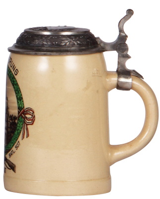 Third Reich stein, .5L, pottery, Landesschutz. Batl. 507, Ingolstadt, pewter lid with helmet, mint. - 2