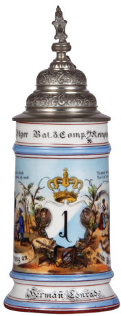 Regimental stein, .5L, 10.2'' ht., porcelain, 3. Comp., Bayr. 1. Jäger, Kempten, 1894 - 1896, two side scenes, roster, wreath thumblift, named to: Hermann Conrad, heavy lithophane lines.