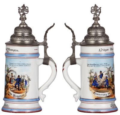 Regimental stein, .5L, 10.2'' ht., porcelain, 3. Comp., Bayr. 1. Jäger, Kempten, 1894 - 1896, two side scenes, roster, wreath thumblift, named to: Hermann Conrad, heavy lithophane lines. - 2