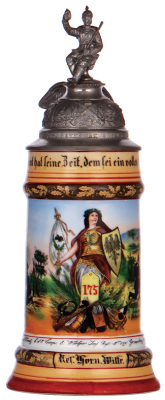 Regimental stein, .5L, 11.4'' ht., porcelain, 8. Comp., Inft. Regt. Nr. 175, Graudenz, 1904 - 1906, two side scenes, eagle thumblift, named to: Res. Horn. Witte, rare unit, very good pewter tear & strap repair, body mint.