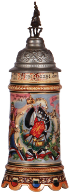 Regimental stein, .5L, 11.8'' ht., pottery, 4. Telegraph Btl., Bespan. Abth., Karlsruhe, 1909 - 1911, no side scenes, roster, eagle thumblift, named to: Res. Haase, replaced finial, very good pewter tear repair, otherwise mint.