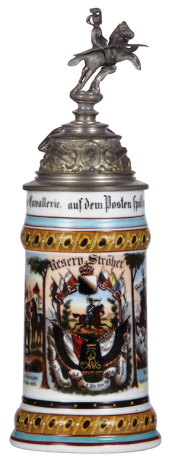 Regimental stein, .5L, 11.9'' ht., porcelain, 2. Esk., Husar Regt. Nr. 9, 1898 - 1901, two side scenes, roster, eagle thumblift, named to: Reserv. Ströher, faint lithophane lines, finial rider is a new replacement.