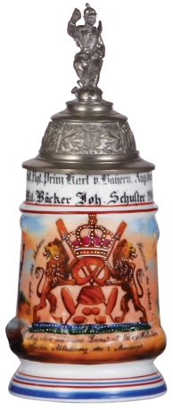 Regimental stein, .5L, 9.9'' ht., porcelain, 10. Comp., 3. bayr. Inft. Regt., Augsburg, Bäcker Abteilung des I. Armeekorps, 1906 - 1908, two side scenes, roster, lion thumblift, named to: Mil. Bäcker Joh. Schuster, mint.